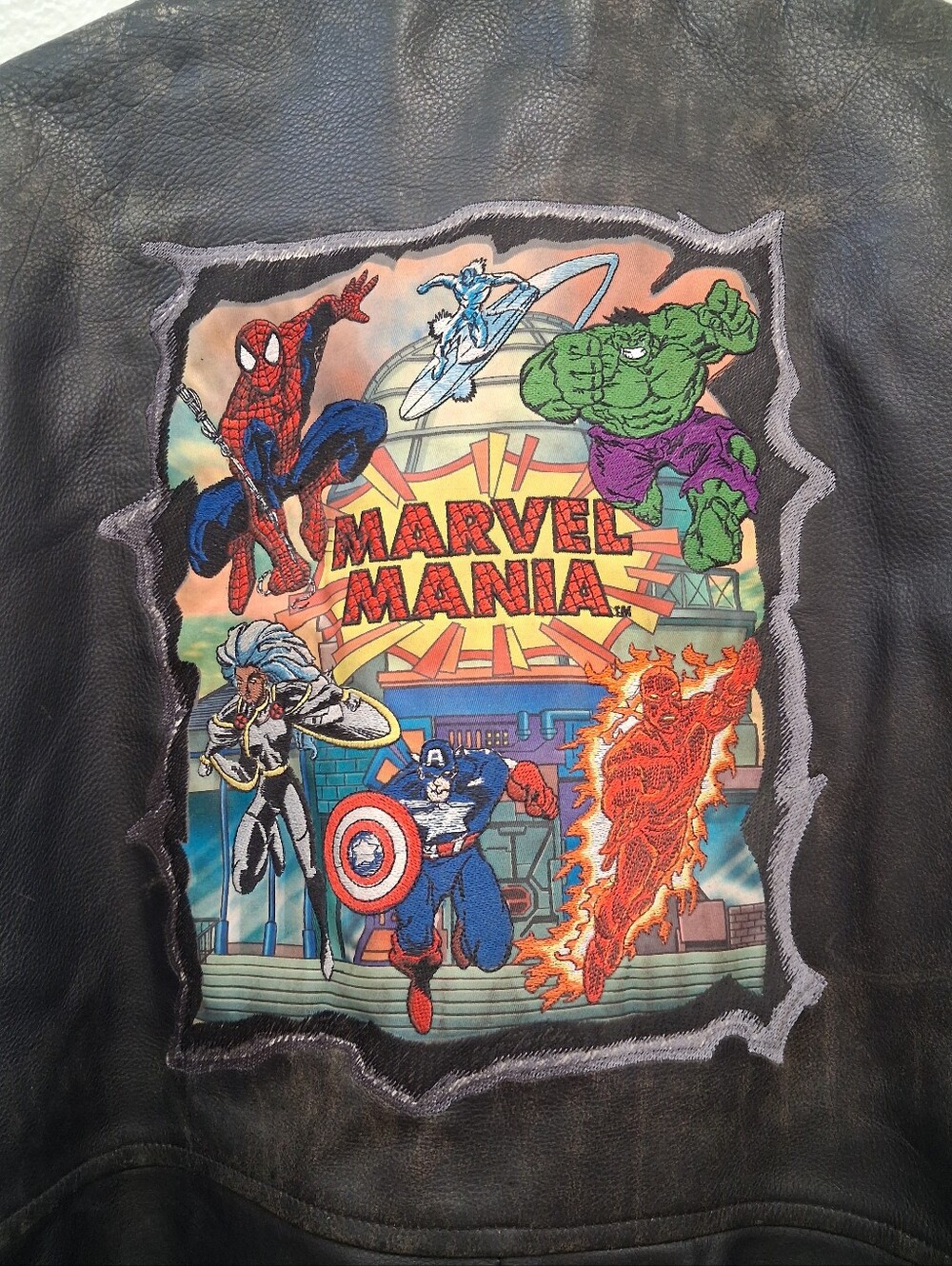 Vintage 90s Universal Studios Marvel Mania Leather Jacket XL RARE COLLECTIBLE